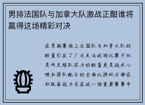 男排法国队与加拿大队激战正酣谁将赢得这场精彩对决